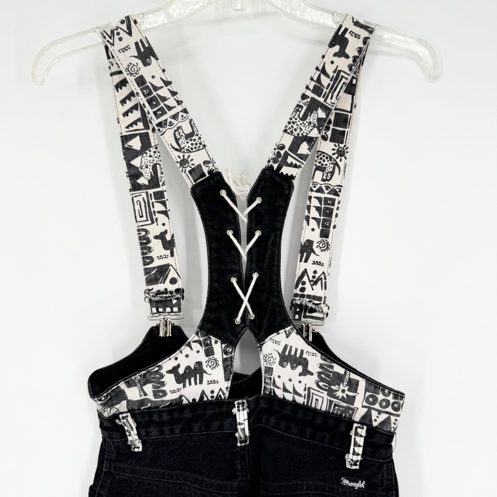 Wrangler Vintage 80s Printed Short Overalls Made in USA Retro Black Sz 11  Artsy - Picture 6 of 9